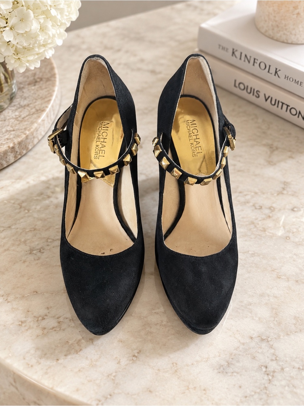 MICHAEL Michael Kors Black Suede Studded Ankle-Strap Pumps